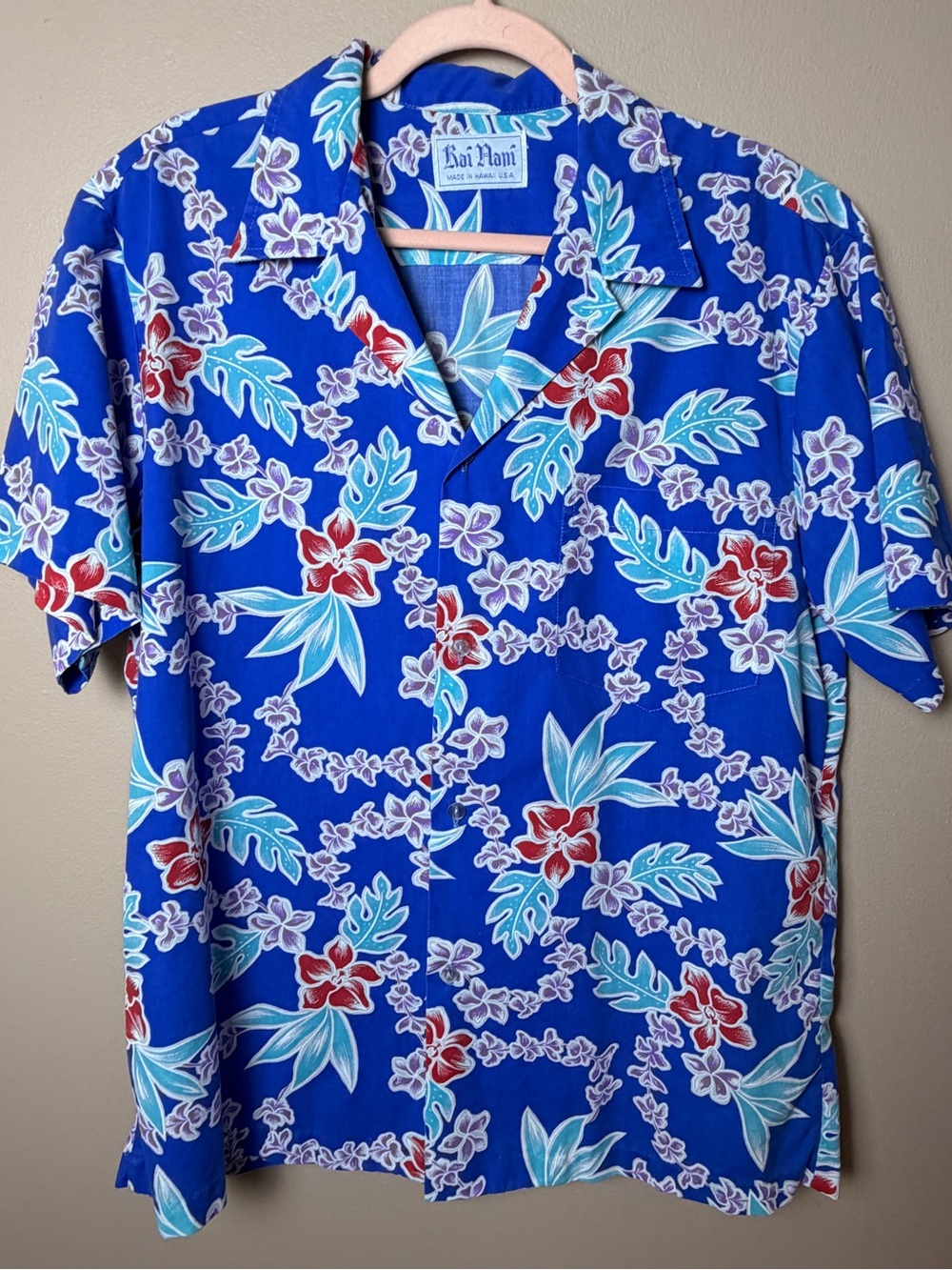 Rai Nani Made in Hawaii USA Hawaiian Aloha Shirt Blue Floral Tropical Camp Shirt